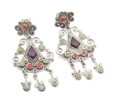 925 Sterling Silver Vintage Earrings DOMINGUEZ MEXICO Amethyst Turquoise EG13470 - Image 1 of 4