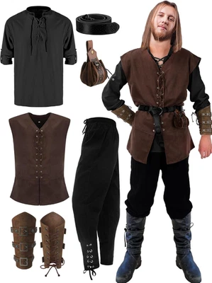 Conjunto de 6 piezas de disfraces renacentistas de Halloween para hombre chaleco medieval camisa tobilleras P Foto 1 de 4