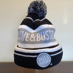 Dave & Busters Pom Ski Hat Cap Winter Beanie Fold Over Black Grey White - Picture 1 of 9