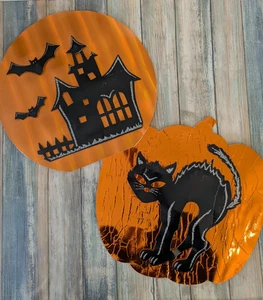 Vintage Style Foil Halloween Wall Decorations Black Cat Haunted House Set of 2 - Picture 1 of 6
