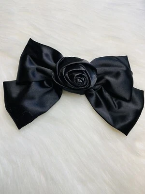 Hairbow Barrette Womens Black Satin Black Rose Flower Hair Accessories Pin Large - Image 1 of 3