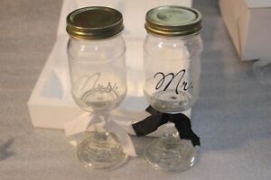 NEW MR. AND MRS. STEMED WEDDING GLASSES MASON CANNING JAR WITH LIDS