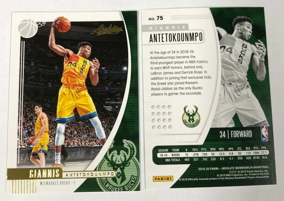 2019/20 Panini Absolute Memorabilia Basketball GIANNIS ANTETOKOUNMPO Bucks #75 - Image 1 of 1