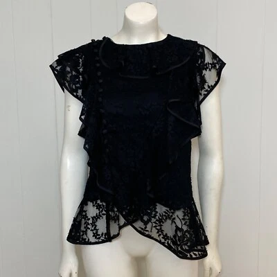 Erdem x HM Lace Ruffle Flounces Top Womens XS Black Cotton Floral Buttons Blouse - Image 1 of 4