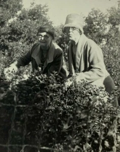 Two Women With Glasses Behind Plants & Fence B&W Photograph 3.5 x 5.5 - Picture 1 of 3