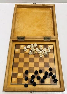 Vintage Mini Chess Set Folding Wooden Case Plastic Pieces Magnetic Travel 1960s - Picture 1 of 7