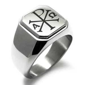 Edelstahl Chi Rho Alpha Omega Symbol Herren Square Biker Style Siegelring - Bild 1 von 4