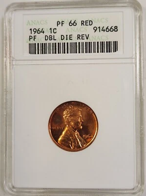 1964 Proof Lincoln Penny Cent PF66 Red RD ANACS Double Die Reverse DDR Soapbox - Image 1 of 2