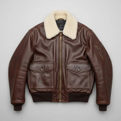 Men's Shearling Collar Leather Bomber Vintage Pilot Jacket - Image 1 of 4