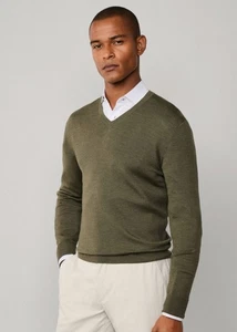 HACKETT Mens Merino Wool blend V Neck cargo green Jumper size SMALL New - Picture 1 of 14