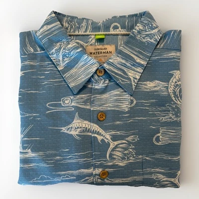 Quicksilver Waterman Men’s Large Light Blue Fishing Pattern S/S Button Up Shirt - Image 1 of 4
