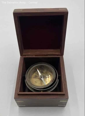 Brass Tone Round Shape Maritime Pocket Compass In Brown Rectangular Wooden Box - Image 1 of 4