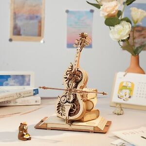 Robotime drewniane puzzle 3D z muzyką vintage model wiolonczeli dla dorosłych prezenty
