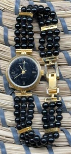 Women’s Decorative Black Beaded Quartz Wristwatch Stretch Band Gold Tone READ - Picture 1 of 11