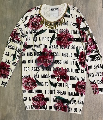 Abito Moschino By Jeremy Scott bianco stampa floreale con catena oro taglia M nuovo