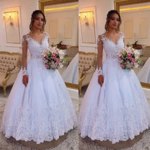 Wedding Dresses Long Sleeve A Line Full Length V Neck Lace Applique Bridal Gowns - Picture 1 of 15