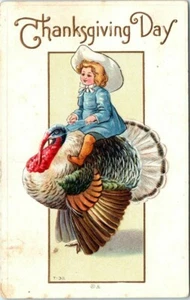Holiday Thanksgiving Postcard E Nash Blond Little Girl Riding Turkey T-30 - Picture 1 of 2