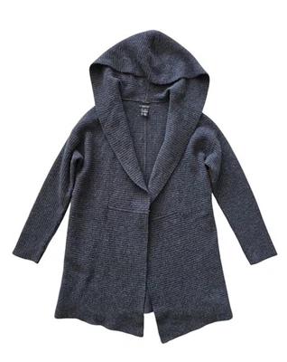 Cárdigan halógeno largo acanalado de lana de cachemir frente abierto suéter con capucha pequeño gris Foto 1 de 4