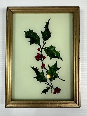 Obra de arte vintage en papel de aluminio enmarcada acebo hecha a mano firmada S. Monast Christmas Foto 1 de 4