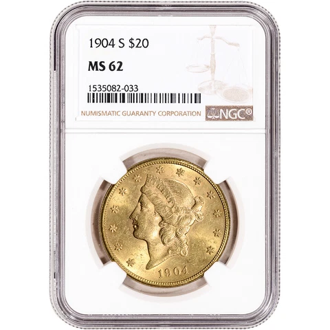 1904 S US Gold $20 Liberty Head Double Eagle - NGC MS62 Cover