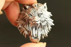 17g cool collect solid .925 Sterling Silver wolf Statue Pendant necklace netsuke - Picture 1 of 6