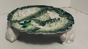 Vintage Rabbit Patch Shafford Majolica Style Ceramic Cake Pedestal Platter 12'' - Picture 1 of 12