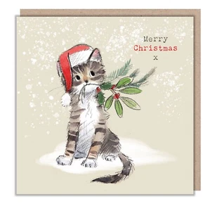 Tarjeta de Navidad lindo gato con acebo - cobertizo de papel ilustrado diseño festivo de Navidad - Imagen 1 de 1