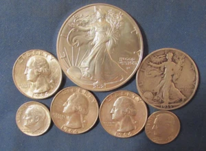LOT 7 US SILVER COINS 2021 EAGLE SILVER DOLLAR 1935 S HALF $ 3 QUARTERS ETC - Picture 1 of 3
