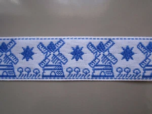 DUTCH HOLLAND WINDMILL WOVEN FOLK RIBBON BLUE RED JACQUARD TRIM 7/8" BY THE YARD - Picture 1 of 5