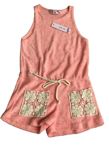 $55 Play Six Girls' Coral Terry Romper With Crochet Pocket,Coral, Size M, - Picture 1 of 1