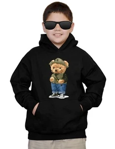Youth Bear Fishing F171 Black Hoodie Kids Funny Cute Panda Teddy Cruise Fish Sun - Picture 1 of 2