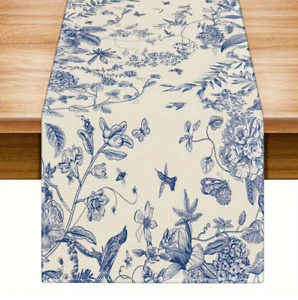 Floral Table Runner 13x72in Blue and OFF White Woven Polyester