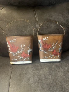 Set Of 2 Galvanized Metal Wall Hanging Buckets - Welcome Winter - Cardinals - Picture 1 of 7