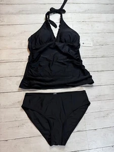 Holipick Womens Black Two Piece Sexy V-Neck Ruffle Halter Backless Tankini Sz. M - Picture 1 of 5