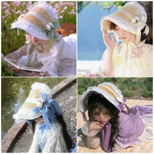 Victorian Women Poke Bonnet Hat with Florals Classic Lolita Straw Hat Tea Party - Picture 1 of 18