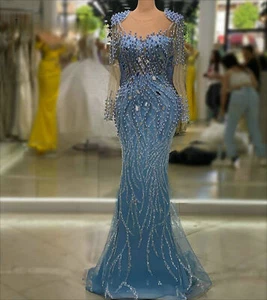 Blue Pearls Beaded Tulle Mermaid Evening Dresses Long Sleeves Prom Party Gowns - Picture 1 of 9