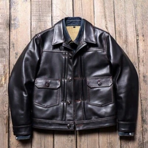 Mens Retro Tanned Cowhide Jacket Cow Leather Cargo Workwear Style Coat - Picture 1 of 4