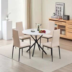 5 Piece Dining Table Set with 4 Champaign Faux Leather Chairs Kitchen Furniture - Picture 1 of 11