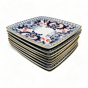 Blue Chinoiserie with Red Accent Gold Rimmed Square Plate - 7.25" - Picture 1 of 10