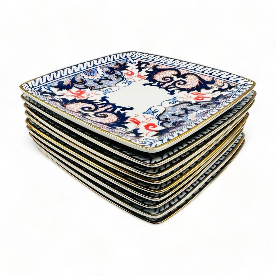 Blue Chinoiserie with Red Accent Gold Rimmed Square Plate - 7.25" - Image 1 of 4
