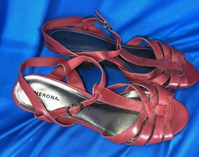 Ladies EUC Merona burgundy leather strappy buckle sandals,11, 3" heel "Willow"  - Image 1 of 4