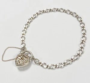Sterling Silver 925 Curb Link Heart Padlock Bracelet - 19cm - 7.2g - Picture 1 of 7
