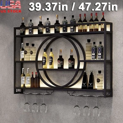 LED Wine Rack Bar Shelves Wall Mounted Kitchen Storage Rack w/ Wine Glass Holder - Image 1 of 4