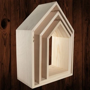 Set of 3 Pine Wooden House Shaped Shelves Without Back Panel |Plain To Decorate - Picture 1 of 12