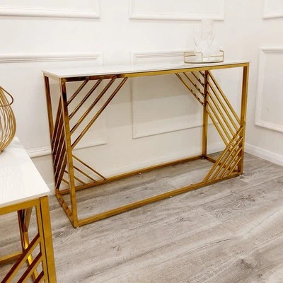 Azure 77cm Tall Gold \ Slim Rectangle Console Table White Sintered Stone Top - Image 1 of 3