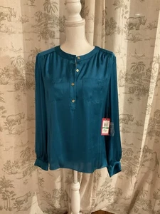 Vince Camuto Bluse Damen Petite L türkis gold Knopfleiste seidenähnlich - Bild 1 von 3