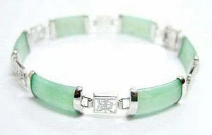Natural Light Green Jade 18KWGP Blessing Fortune Longevity Clasp Bangle Bracelet - Picture 1 of 3