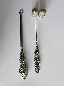 Antique Button Hook Crocheting Hook And Two Nibbles Silver Sewing Collectables - Picture 1 of 12