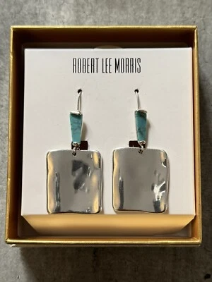 ROBERT LEE MORRIS SOHO SILVER TONED W/GENUINE TURQUOISE DANGLE EARRINGS — NEW - Image 1 of 4