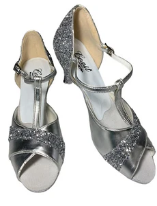 USA COAST BALLROOM Shoes Latin Dance Swing Salsa Silver Glitter Womens Sz 5.5 - Picture 1 of 10